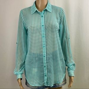 Olive & Oak Blue White Top Gingham Sheer Button Up Blouse